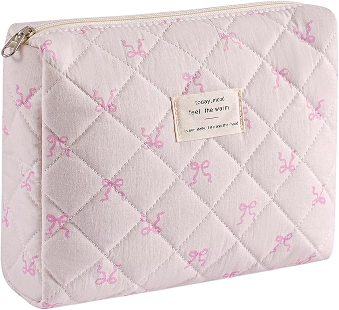uekeboag Quilted Cotton Makeup Bag,Coquette Quilted Toiletry Bag for Women and Girls,Floral Coquette Pouch,Cute Kawaii Travel Cosmetic Bags(Cute Pink Bow)