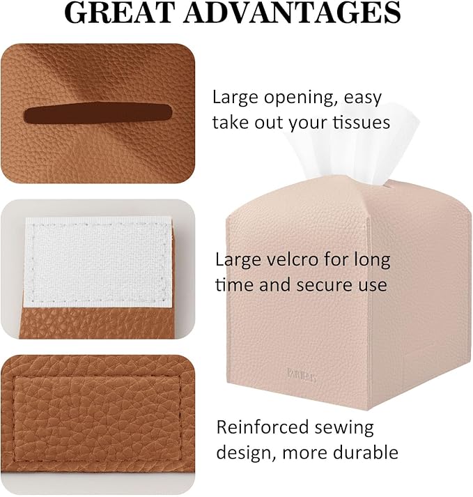 Tissue Box Cover Holder Square Tissue Cube Cover PU Leather Tissue Organizer with Bottom Belt for Bathroom, Tabletop, Car, Night Stands, Office, Home, Kitchen (1, Brown)