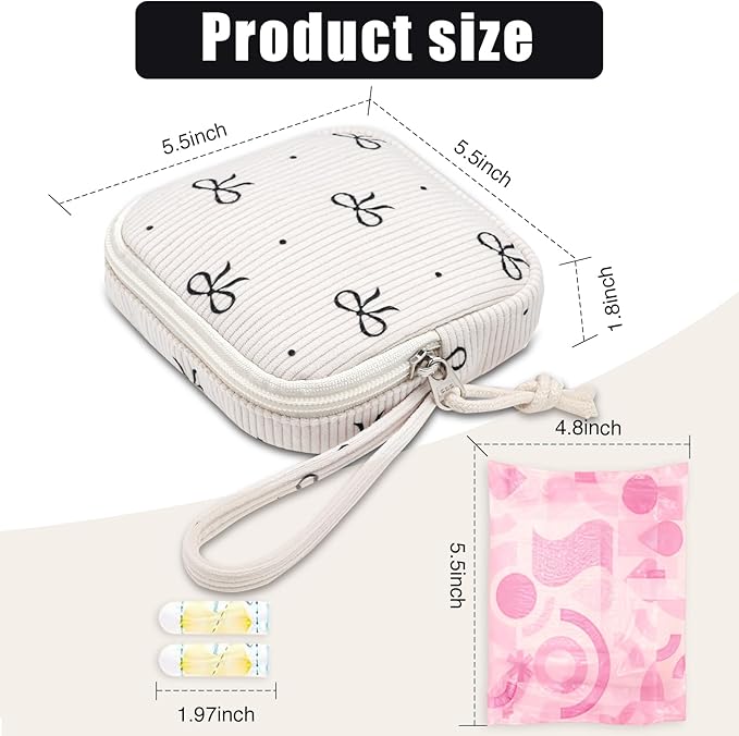 Small Makeup Bag | Discreet Period Bag Pad Pouch for Purse| Sanitary Napkin Storage & Tampon Holder for Travel (Cute black bow)