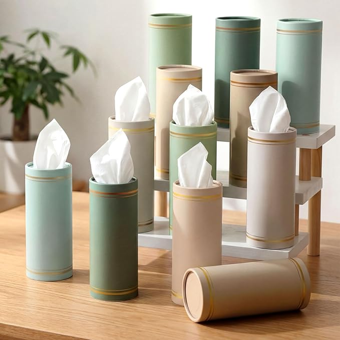 12 Pack Car Tissue Cylinder Holder Bulk with 3 Ply Facial Tissues, Round Napkin Holders for Cup Holder Cylinder Travel Paper Tubes Bulk Round Napkin Boxes Packs(Multicolor)