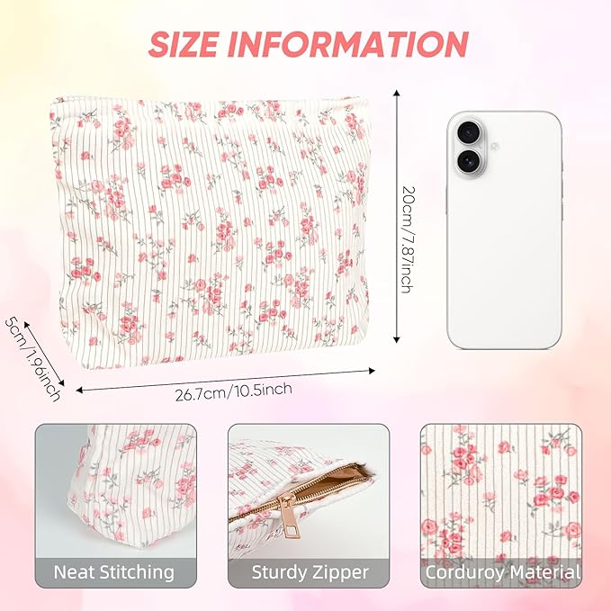 Cute Makeup Pouch for Women Flower Small Make Up Bag for Purse Zipper Initial Cosmetic Bags Pouches for Purse Aesthetic Travel Toiletrybags Gift,Red Floral
