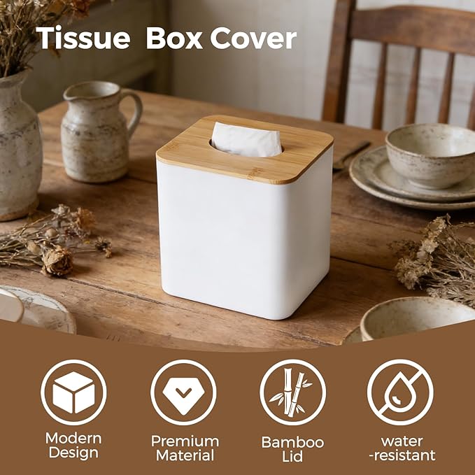 White Tissue Box Cover, Square Tissue Box Holder with Bamboo Cover Plate, Cube Tissue Box Cover for Desk Accessories, Decorative Tissue Box Tissue Holder for Bathroom Office