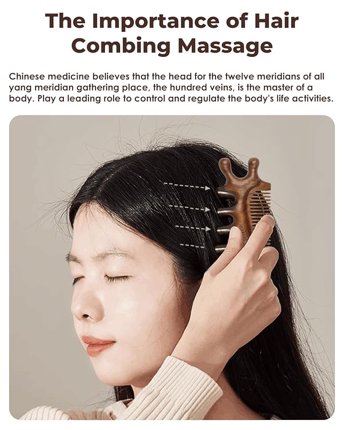 4 in 1 Sandalwood Gua Sha Massager, Scraping Massage Comb, Meridians Tool for Hair, Face, Eye Neck Body Massage