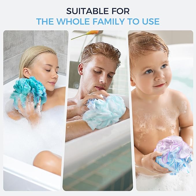 Shower Loofah Sponge Pouf – XL Exfoliating Bath Puff Body Scrubber, Soft Mesh Shower Sponge with Reinforced Knot, Rich Lather, Set of 4 for Women and Men