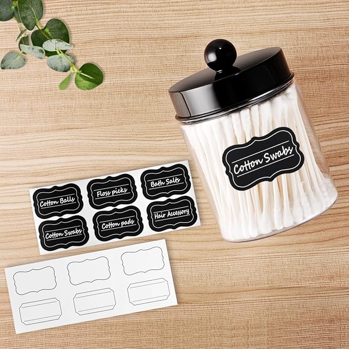 Amolliar Apothecary Jars Bathroom Vanity Storage Organizer Set -Countertop Canister Plastic Acrylic Jar - Farmhouse Decor Qtip Holder for Cotton Swabs,Makeup Sponges,Flossers,Paper Clips-Black (6)
