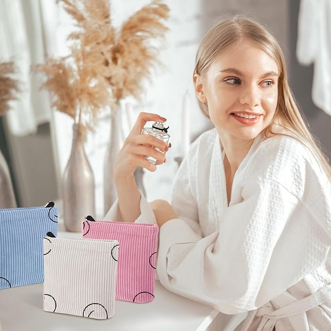 2 PCS Corduroy Period Bag for women, Cute Sanitary Napkin Storage Bag Portable Period Pouch with Zipper, Sanitary Pads Bag Tampons Holder for Purse First Period