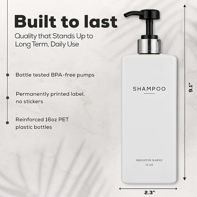 White Shampoo and Conditioner Dispenser Set by Brighter Barns - Refillable Shower Soap Bottles - Empty Body Wash Dispenser - Neutral Home Decor for Shower, Guest Bathroom, Airbnb, Spa (White Silver)