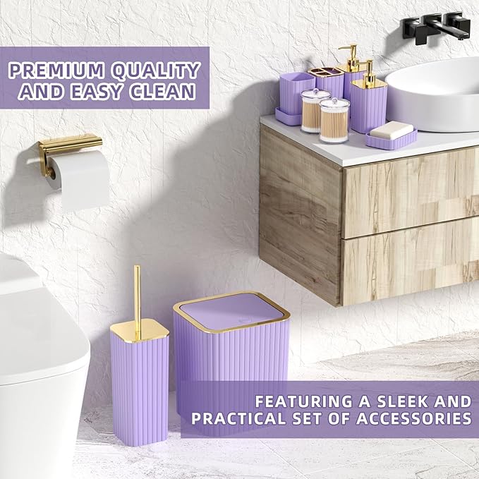 Bathroom Accessories Set - Gorgeous Bathroom Set, 10PC Purple Bathroom Accessory Set, Toilet Brush, Trash Can & Soap Dispenser