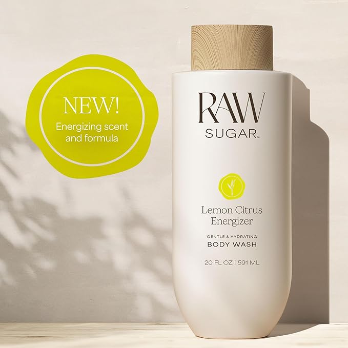 RAW SUGAR Lemon Citrus Energizer Gentle & Hydrating Body Wash, 20 Fl Oz (Pack of 1), Moisturizing & Energizing Bath & Shower Gel, Vegan, Formulated without SLS/SLES & Parabens