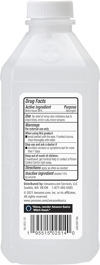 Amazon Basics Witch Hazel USP Astringent for Oily Skin, Relief from Irritation and Redness, Unscented, 16 Fluid Ounces (Previously Solimo)