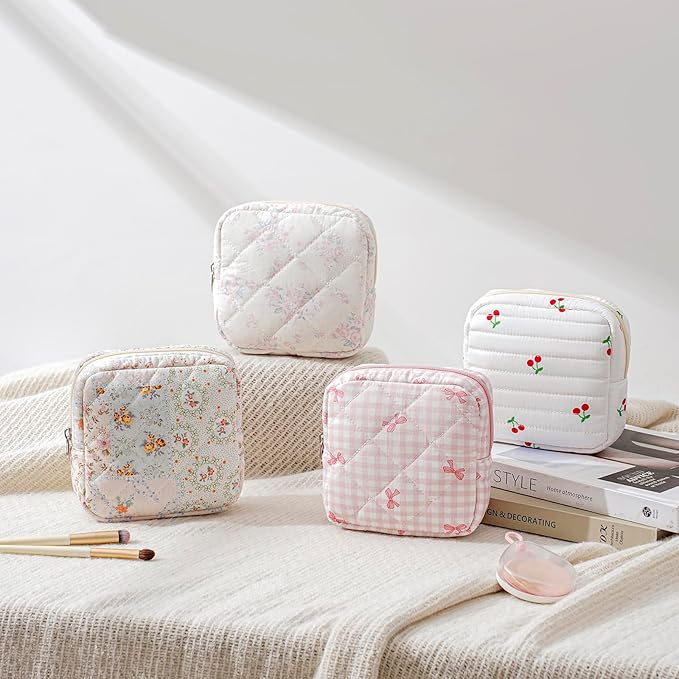 Small Quilted Cosmetic Pouch for Purse, Mini Cotton Makeup Bag with Compartments, Cute Zipper Lipstick Holder for Women (13PinkRose)