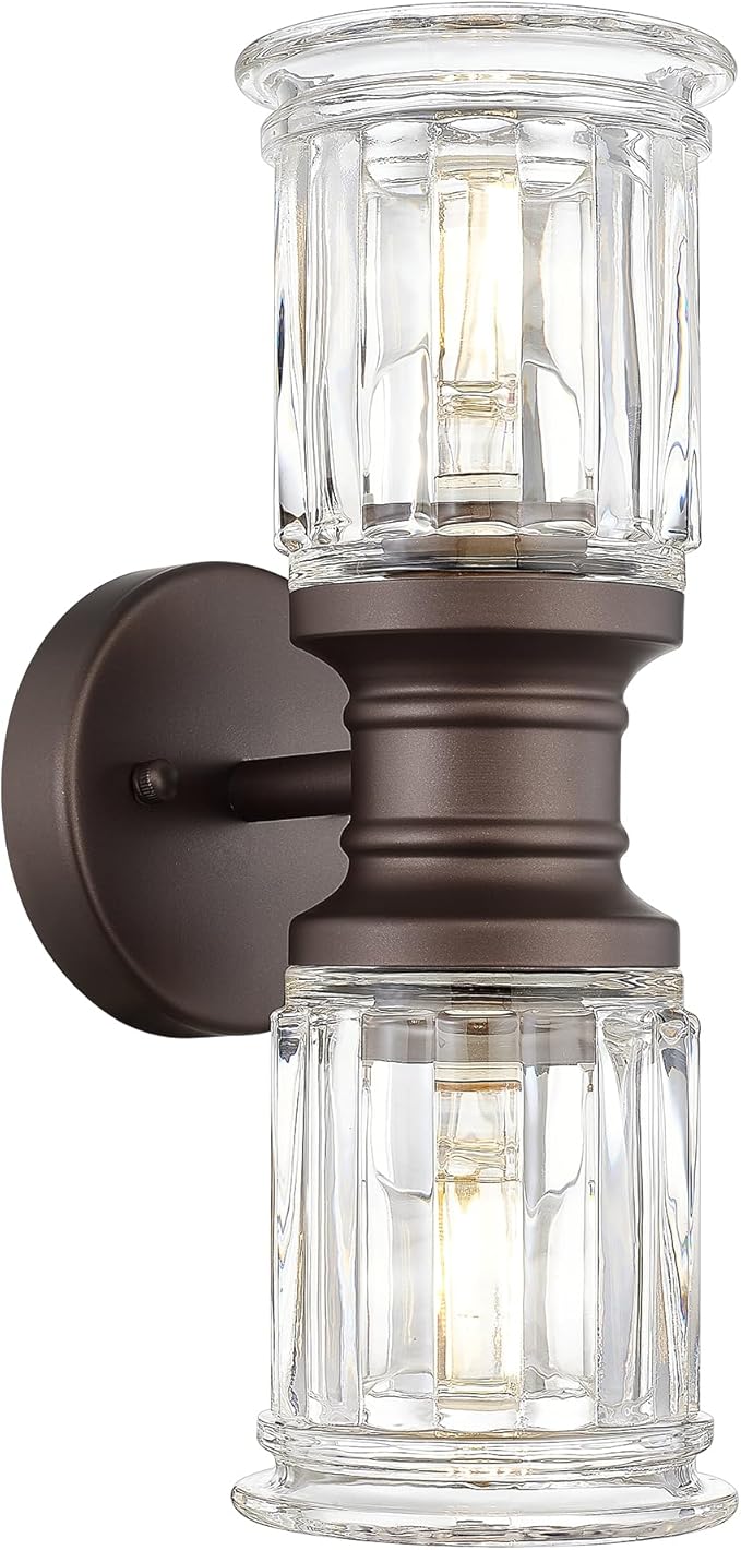 Rustic Wall Sconces, HWH Farmhouse Sconce Wall Lighting in Oil-Rubbed Bronze Finish, 2-Light Indoor Up Down Wall Light for Bathroom, Bell-Shaped Clear Glass, 5HZG106B-2W ORB