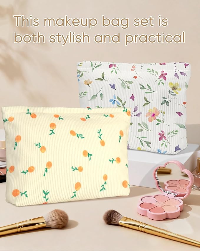 Cute Orange Beige Makeup Pouch for Women Small Make Up Fruit Pattern Bag for Purse Zipper Initial Makeup Cosmetic Bags Pouches for Purse Aesthetic Travel Toiletry Bags Gift