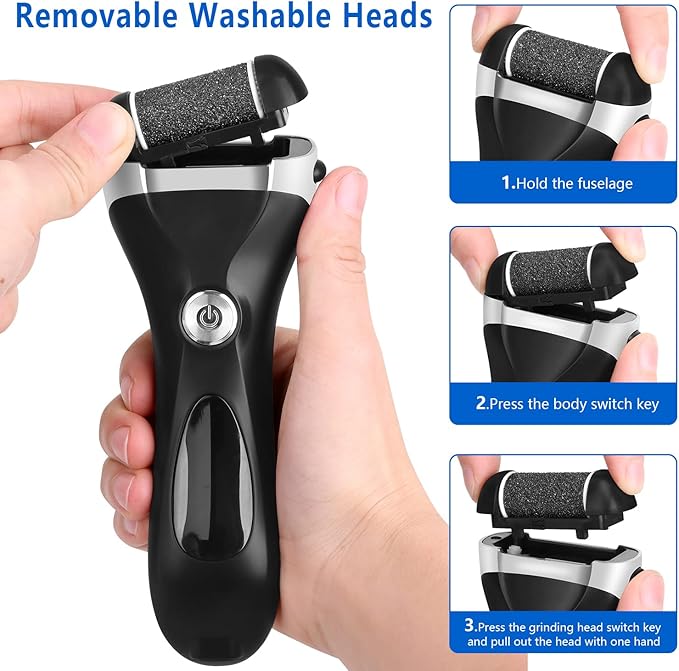 Electric Foot Callus Remover Kit, Elmchee Rechargeable Pedicure Tools Foot Care Feet File with 3 Roller Heads,2 Speed,Battery Display for Remove Cracked Heels Calluses and Dead Skin(Black)