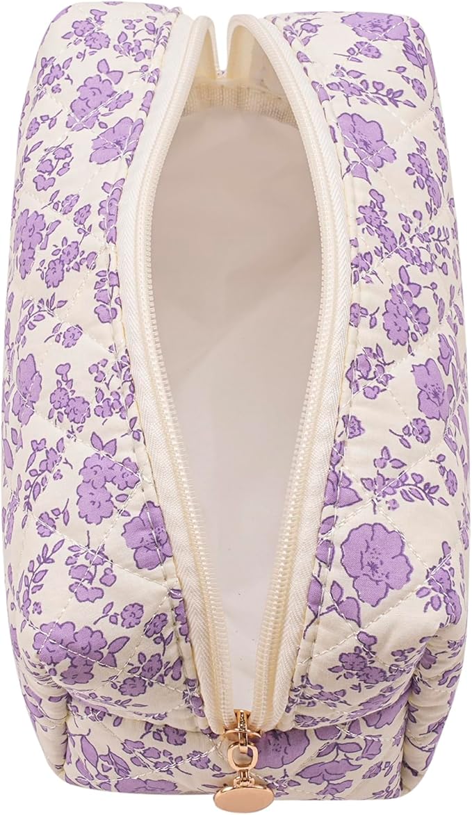 Cute Square Floral Cotton Makeup Cosmetic Bag for Women Girls, Travel Quilted Zipper Make Up Bag, Square Flowers Organizer Case Kawaii Makeup Cosmetic Travel Cloth Pouch (Purple Floral)