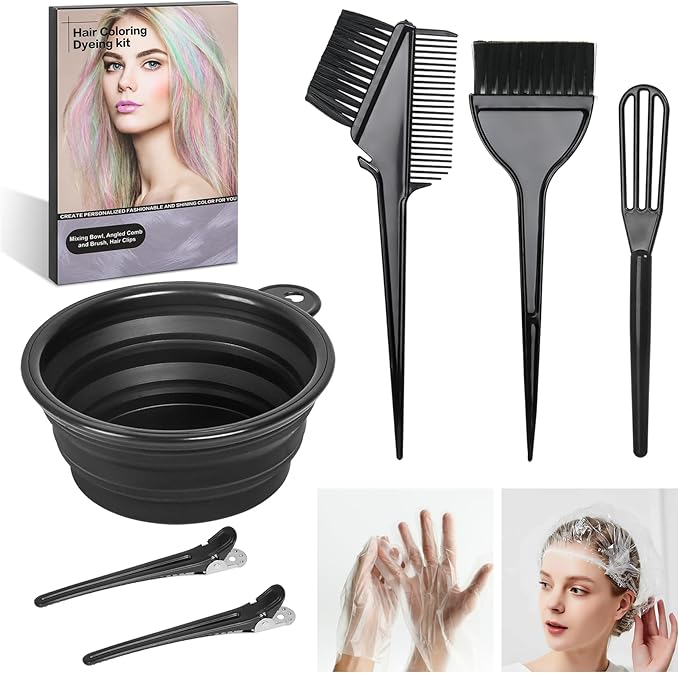 ROOHUA 8 Pcs Hair Coloring Kit - Professional Hair Dye Tools for Home Salon Use with Bowl, Brush, Comb, Clips, Gloves & Shower Cap - Reusable Supplies (8, Black)
