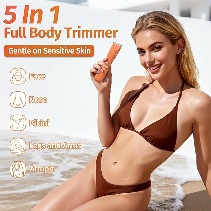 Bikini Trimmer for Women,5-in-1 Electric Razors for Women,Electric Shaver for Women's,IPX7 Waterproof Trimmer for Men Legs,with 5 Replaceable Blade Heads,USB Recharge Dock（Orange