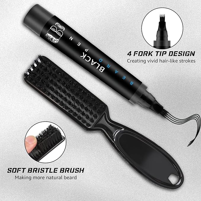 Beard Pencil Filler for Men Black - Beard Pen with Brush, Barber Pencil Smudge-proof & Water-proof Grooming Kit for Men Creating Natural Beard Color, Gifts for Men (Black)