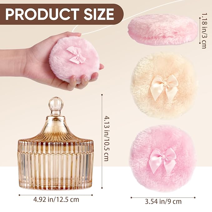3 Pcs Dusting Powder Container with Puff, 3.54 Inch Soft Velour Dusting Powder Puff and Glass Powder Container, Washable Reusable Wet & Dry Powder Applicator for Women