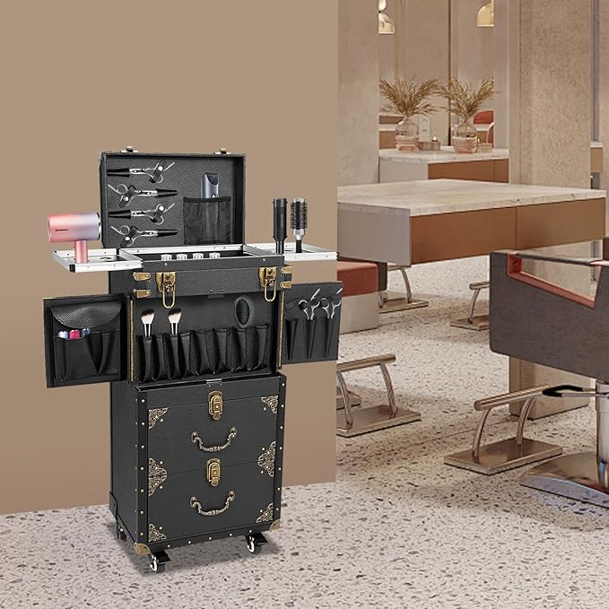 Rolling Lockable Makeup Train Case, Drawer Luggage Suitcase with Makeup Hairdressing Tools Storage, Makeup Beauty Salon Luggage Hairdressing Trolley Travel Organizer Tool Box, Retro Black