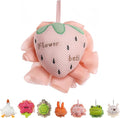 Kids Loofah, Cute Cartoon Animal Kids Bath Sponge with Hanging Rope, Soft Double Mesh for Rich Lather (Pink Strawberry)