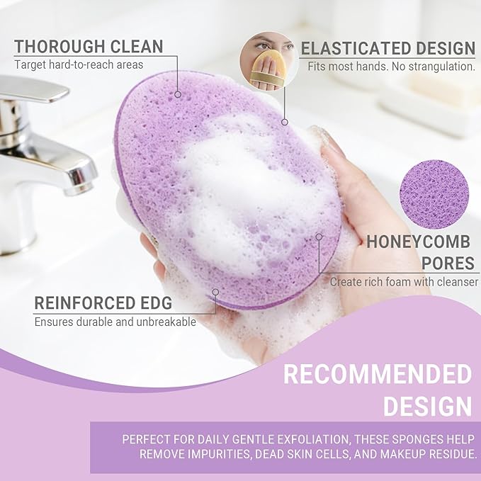 Facial Sponges for Cleansing, Exfoliating Face Sponge with Upgraded Elastic Strap, Reusable Makeup Remover Pads for Daily Wash & Gentle Exfoliating, 3-Pack Face Scrubber Oval(Blue Purple Yellow)
