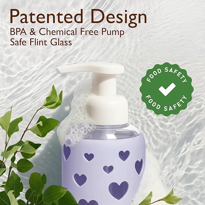 SoCal Suds & Company Foaming Hand Soap Dispenser Glass, Liquid Soap Pump with Heart Silicone Sleeve, Refillable Bottle for Kids, Baby Wash & Shampoo, Ideal for Bathroom & Kitchen Use, Soft Purple, 8oz