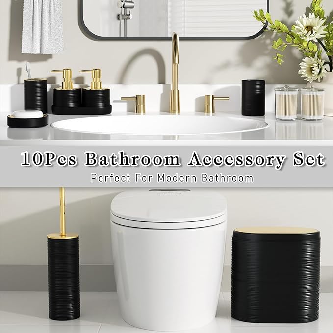 Bathroom Set, 10PC Bathroom Accessory Set, Black Bathroom Accessories, Black and Gold Bathroom Set with Trash Can, Soap Dispensers