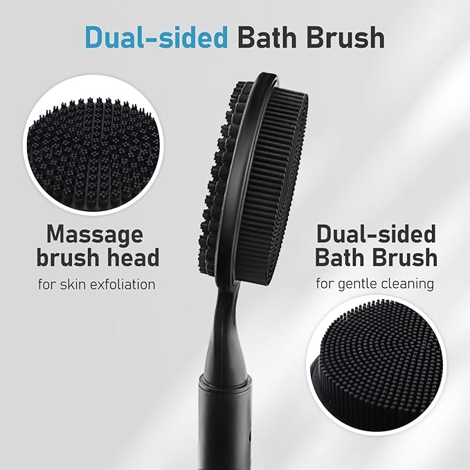OZNER 24 Inches Silicone Back Scrubber for Shower - Extendable Long Handle Shower Brush with Dual-Sided Bristles - Exfoliating Body Scrubber for Sensitive Skin - Perfect for Men & Women (Black)