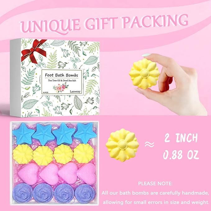Bath Foot Bombs, 16 Pack Foot Soak with Bath Salt and Tea Tree Oil for Christmas. Organic Natural Handmade Aroma Pure Essential Oil Bubble Feet Balls for Foot Callus, Stubborn Feet Odor Scent.