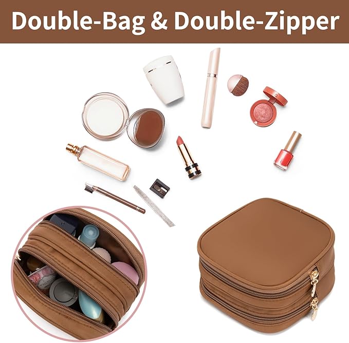 Small Makeup Pouch, Double Zipper Cosmetic Bag, Travel Makeup Bag, Cute Makeup Bag for Purse, Mini Toiletry Bag (Chocolate)