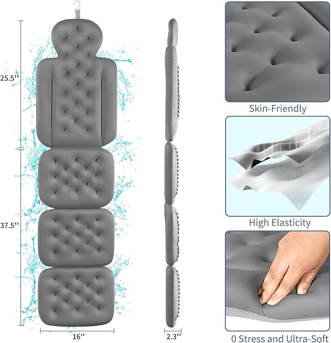 Bath Cushion, Full Body Bathtub Pillow with 160 Suction Cups, Bath Mat for Head and Neck Support, with Laundry Bag (Dark Gray, 60" x 16")