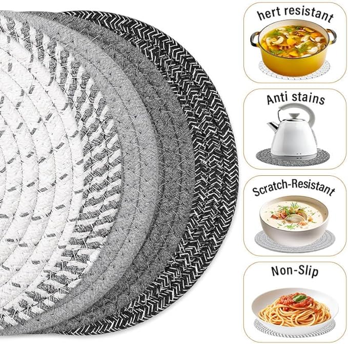 Trivet Mats Set for Hot Dishes, 5 Heat Resistant Pot Holders Kitchen Counter, Table, Home Essentials, Anti Stain Hot Pads Plate Mats for Hot pots and Pans, 7 Inches