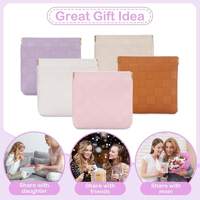 Sightor 2PCS Small Makeup Bag for Purse, Mini Cosmetic Bag Waterproof Pouch for Women, Checkered Purse Self-closing Coin Lipstick Small Leather Cosmetic Pouch (Pink, Purple)