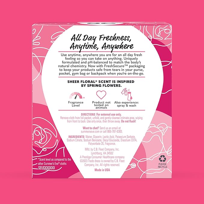 Summer's Eve Sheer Floral Feminine Wipes, Gentle pH-Balanced Formula Helps Control Vaginal Odor, Individually Wrapped Wipes, 12 Count (Pack of 5)