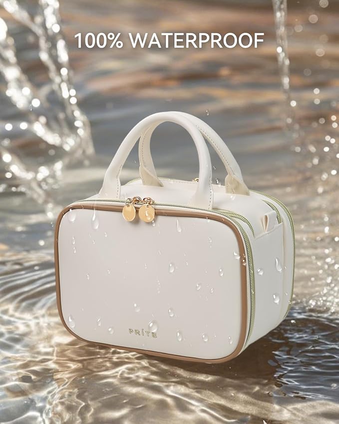 Prite Makeup Bag for Women, Large Capacity Waterproof Travel Cosmetic Organizer, Portable Open Flat Toiletry Bag with Free-standing Brush Holder and Handle(Beige Medium)