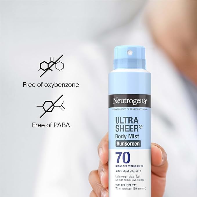 Neutrogena Ultra Sheer Body Mist Sunscreen Spray, Broad Spectrum SPF 70, Lightweight Spray Sunscreen, Non-Greasy & Water Resistant, Oil-Free & Non-Comedogenic UVA/UVB, 5 oz, Pack of 3