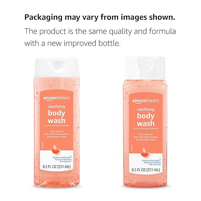 Amazon Basics Clarifying Pink Grapefruit Body Wash, 2% Salicylic Acid Acne Treatment, Foaming, Refreshing, Prevents Breakouts, Dermatologist Tested, 8.5 fl oz, 4-Pack (Previously Solimo)