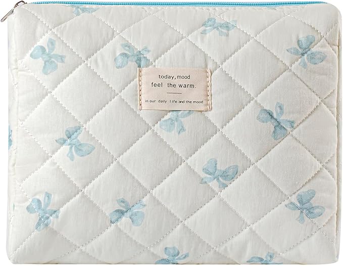 uekeboag Quilted Cotton Makeup Bag,Coquette Quilted Toiletry Bag for Women and Girls,Floral Coquette Pouch,Cute Kawaii Travel Cosmetic Bags(Little Blue Bow)