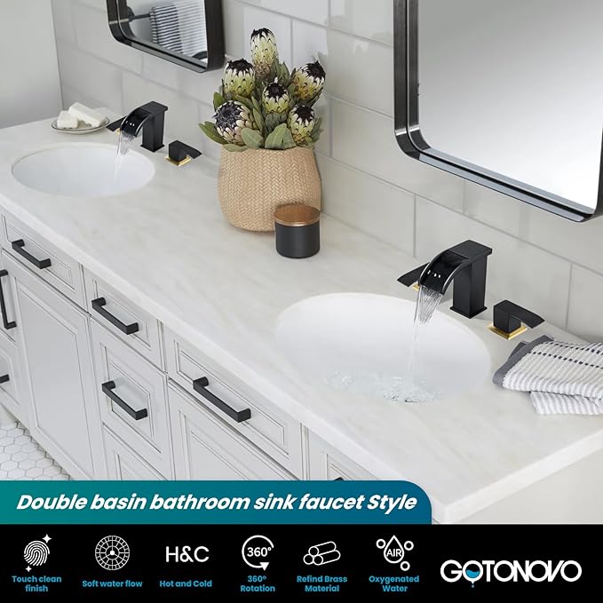 gotonovo Waterfall 8 inch Widespread Bathroom Faucet Set Bathroom Sink Faucet 3 Hole 2 Handle Vanity Lavatory Deck Mount with Pop Up Drain and Water Supply Lines Square Body Matte Black & Brushed Gold