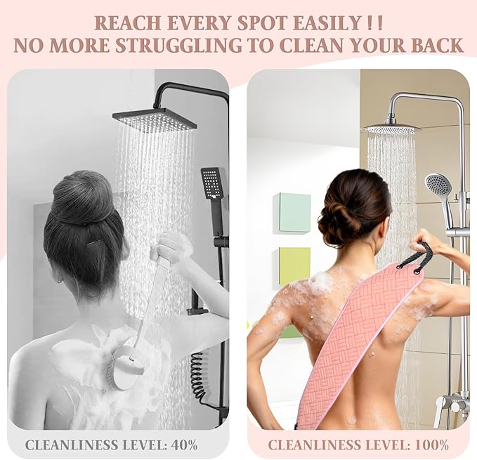 Back Scrubber with Upgraded Handles - 39 Inch Double-Sided Body Exfoliator for Shower/Bath, Deep Cleansing Back Washer for Hard-to-Reach Areas, Unisex (Men & Women) (Pink)