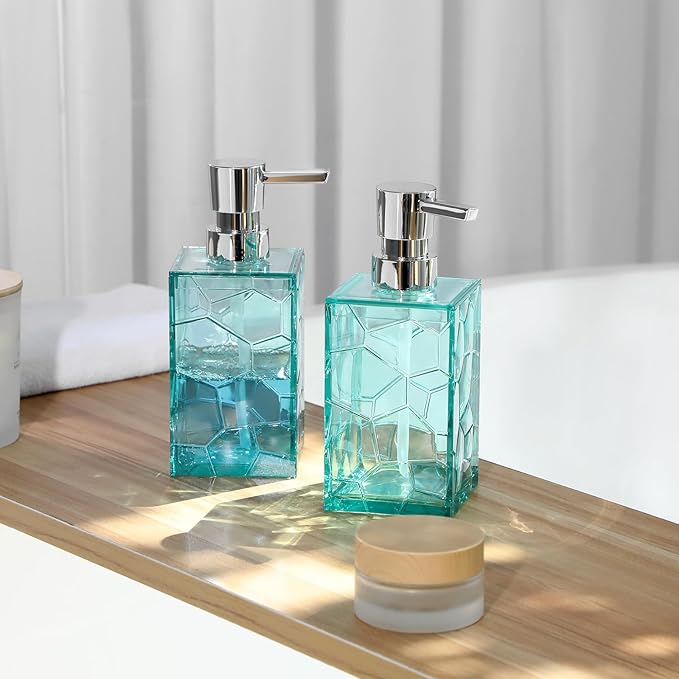 Hand Soap Dispenser, Clear Acrylic Plastic Liquid Pump Bottles Refillable Lotion Dispenser for Bathroom Decor Kitchen College Dorm, Teal 2 Pack