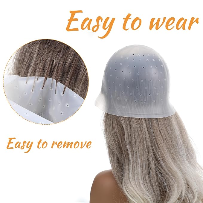 2 Pcs Highlight Cap and Hook, White Silicone Reusable Highlighting Cap with 4.72 Inch Hook for Hair Coloring, Dyeing & Staining, Salon & Home Use (8.66 Inch Diameter)
