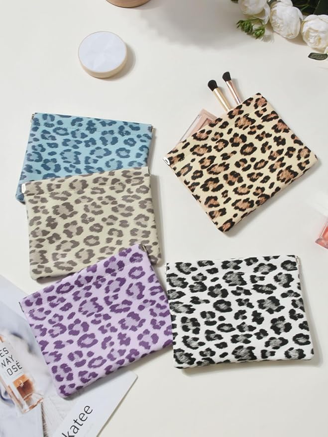 Leopard Leather Small Makeup Pouch for Women,Cosmetic Accessories,Waterproof and Portable Cosmetic Bag,Self-closing, No Zipper, Aesthetic Storage Pouch,Lipstick for Purse,Azure-blue