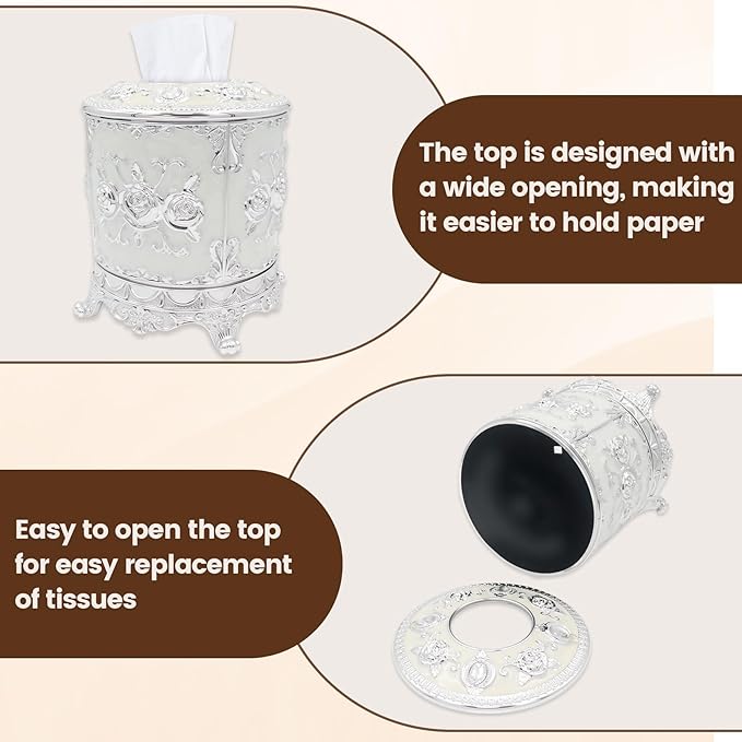 Geesatis Tissue Box Cover, Cylindrical Tissue Box Holder, Napkin Facial Tissues Holder for Bathroom Toilet Bedroom Living Room Table Desk Office Dresser, 1Pcs Silver 6.5''x6.1''