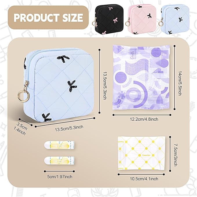 Period Bag for Teen Girls, Quilted Sanitary Napkin Storage Bag, Cute Bow Tie Menstrual Pad Pouch Tampon Holder (Blue)