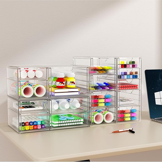 Acrylic Makeup Organizer with 31 Drawers, 6 Pack Clear Storage Drawers, Bathroom Makeup Organizer for Palettes, Cosmetic, and Beauty Supplies,Ideal for Vanity, Cabinet,Desk Organization