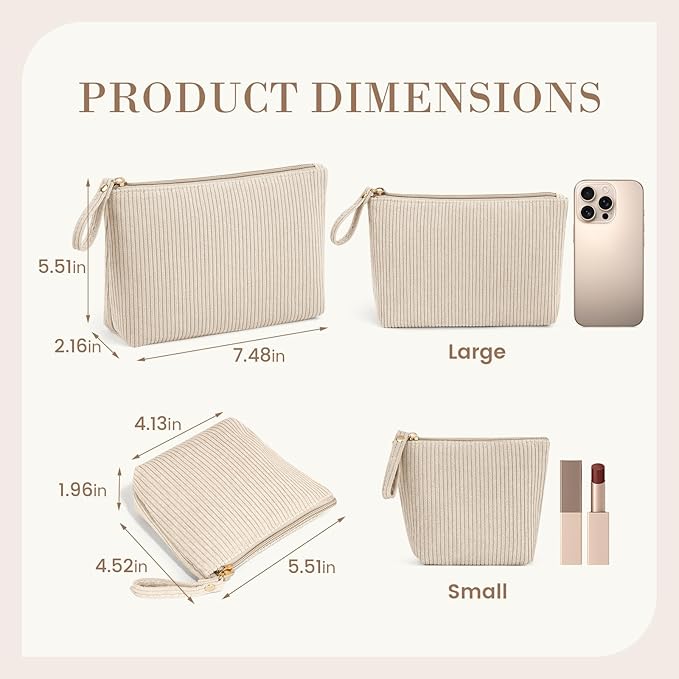 MAGEFY 2Pcs Makeup Bag Set, Cute Makeup Pouch for Purse Corduroy Travel Cosmetic Pouch for Women with Slip-in Pockets for Purse Essentials Accessories(Beige,Mini+Small)