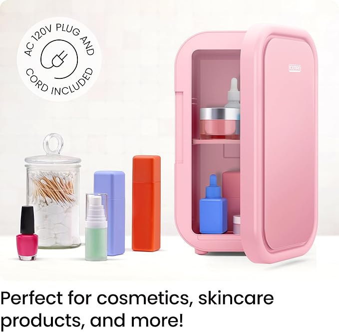 Iceman Portable Mini Fridge – Fits 8 x 12 oz Cans, Cooler and Heater Mini Fridge for Bedroom, Car, Office, Dorm and Skincare, AC/DC Car Plug-Compatible - Pink