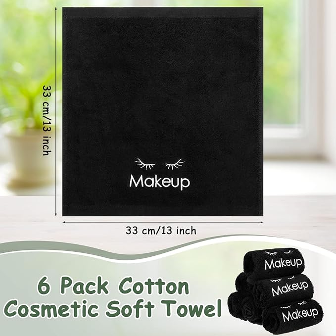 Shimeyao 13x13 Inch Black Makeup Towels Bulk Reusable Makeup Washcloths for Face Facial Remover Washcloths Absorbent Cotton Towel for Salon Spa Women Skin Care(6 Pcs,Classic)